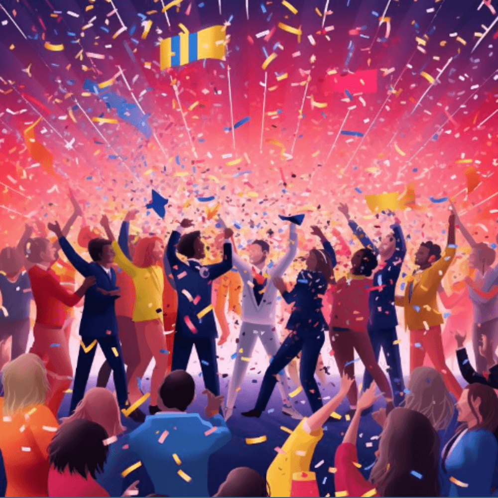 eurovision song contest game people dancing and waving with flags